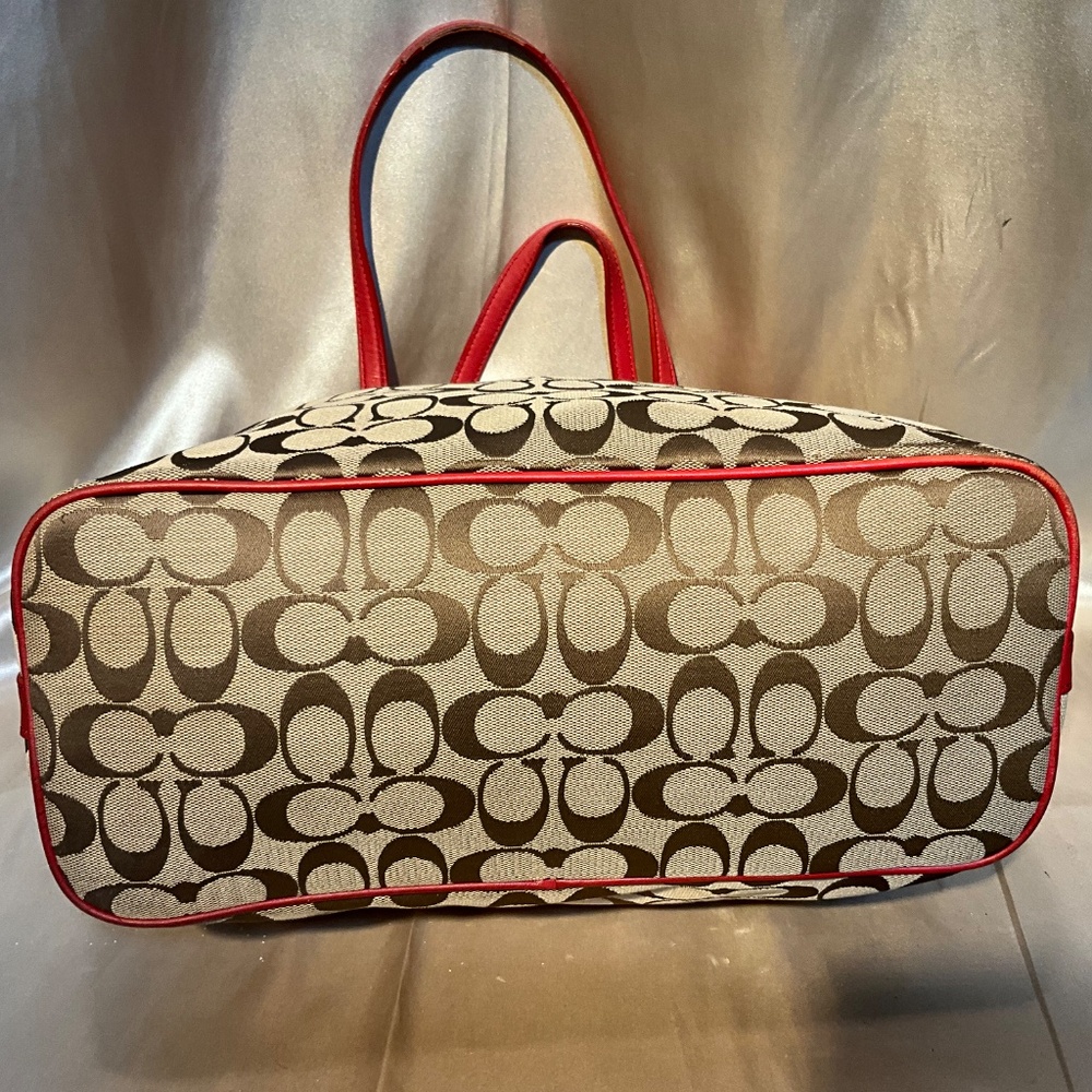 Coach signature print tote w/ red leather trim. 20-H10Da - Picture 2 of 7